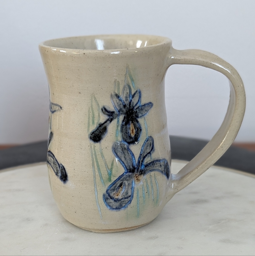 Vintage Studio Art Pottery Glazed Hand Painted Blue Irises Floral Mug